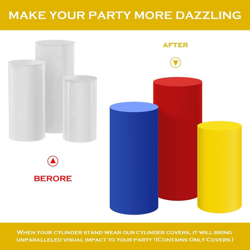 SaitiMade Set of 3 Red Yellow Blue Cylinder Pedestal Stand Covers, 3pcs Spandex Mixed Colors Cylinder Stand Covers for Party, Wedding or Birthday Event Decor (Only Contains Colorful Cylinder Covers) - Image 3
